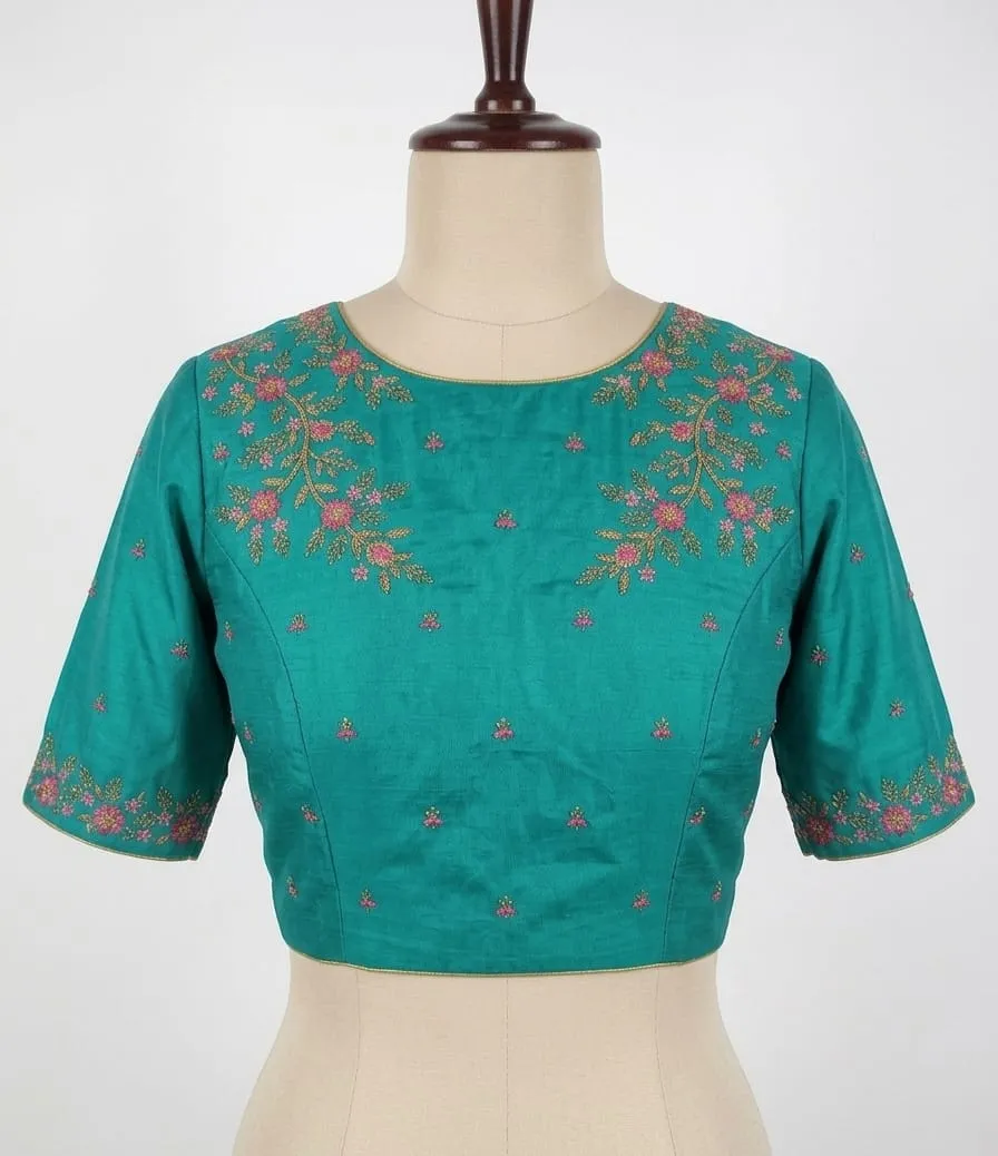 Computer Machine Embroidered Silk Saree Blouse with Circular Cutout Keyhole Back & Elbow Sleeves