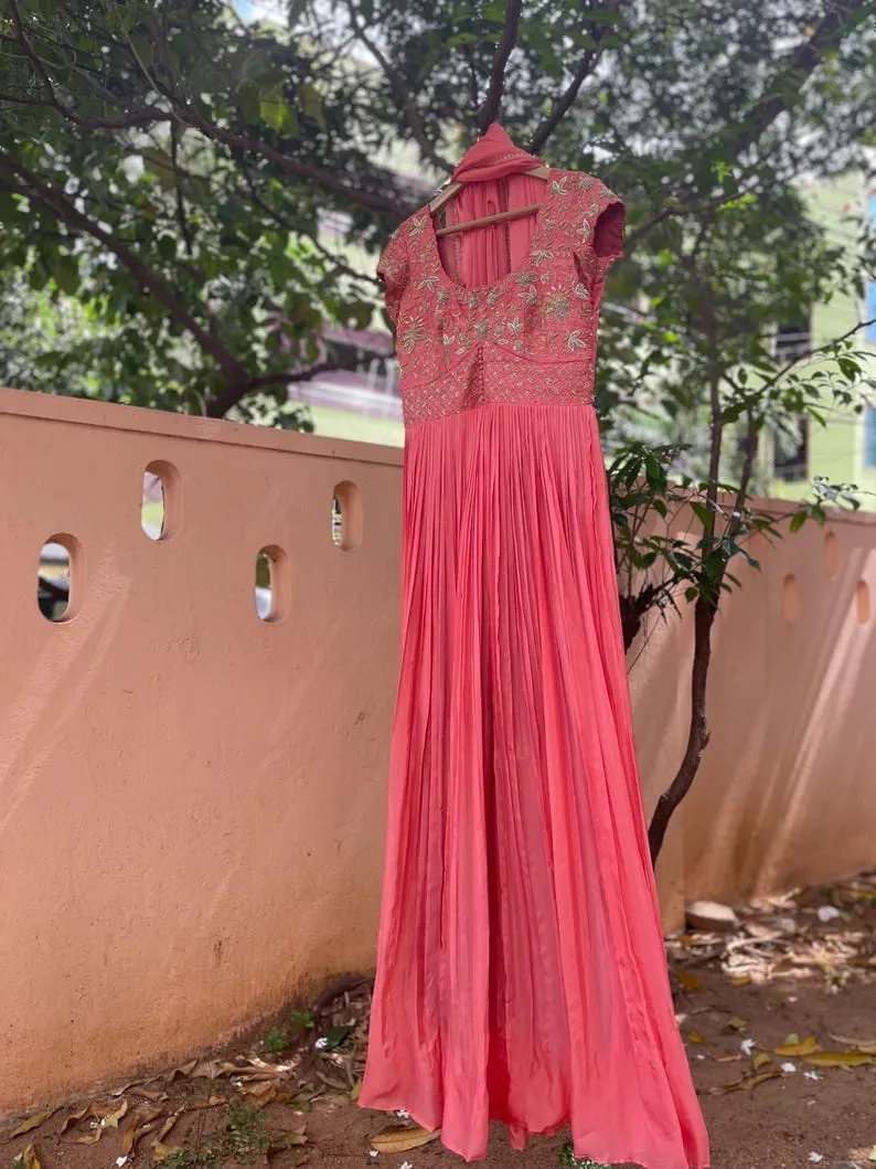 Coral Peach Zardozi Embroidered Yoke Long Gown, Floral Handwork Partywear Anarkali Suit, Designer Pleated Indo-Western Dress
