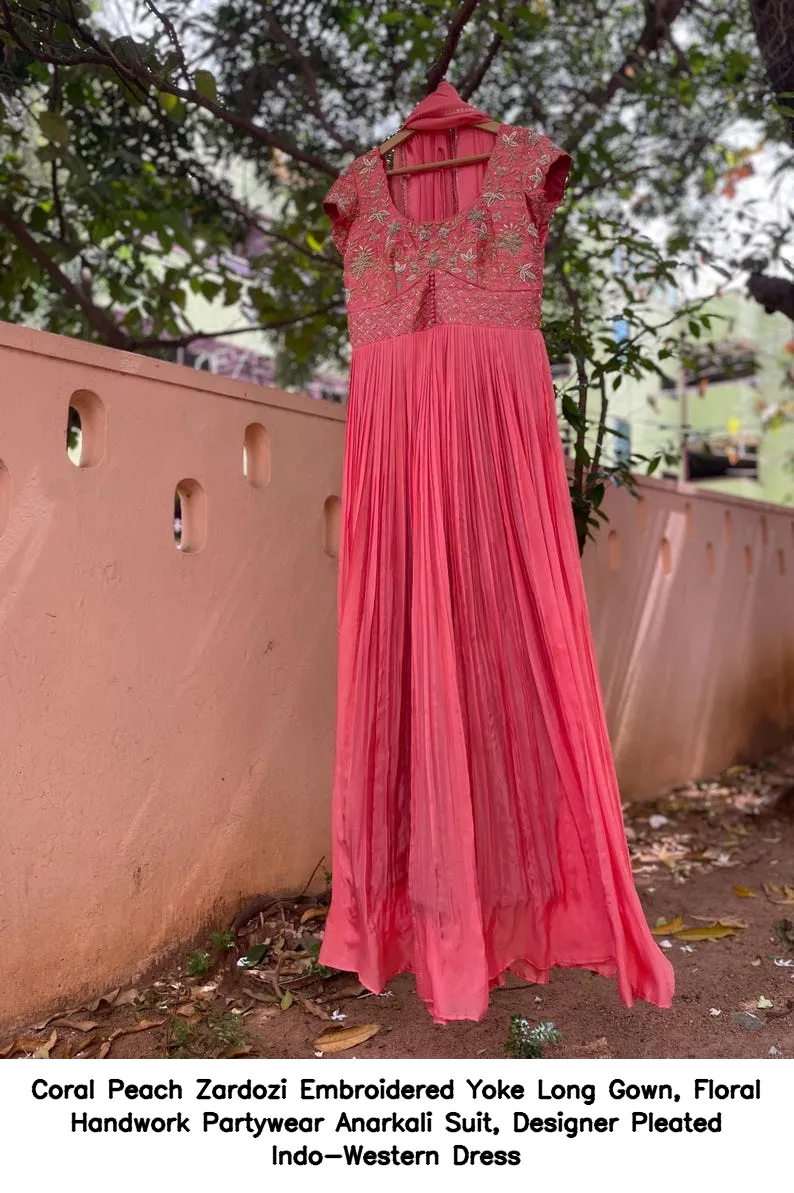 Coral Peach Zardozi Embroidered Yoke Long Gown, Floral Handwork Partywear Anarkali Suit, Designer Pleated Indo-Western Dress 5