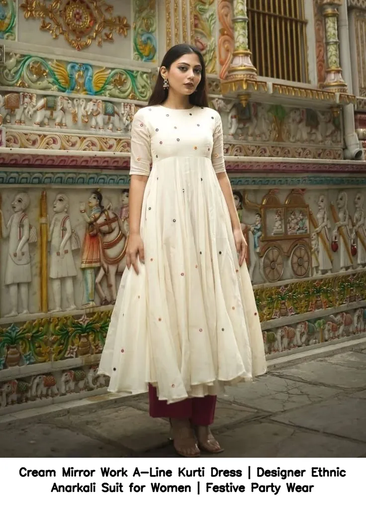 Cream Mirror Work A-Line Kurti Dress | Designer Ethnic Anarkali Suit for Women | Festive Party Wear