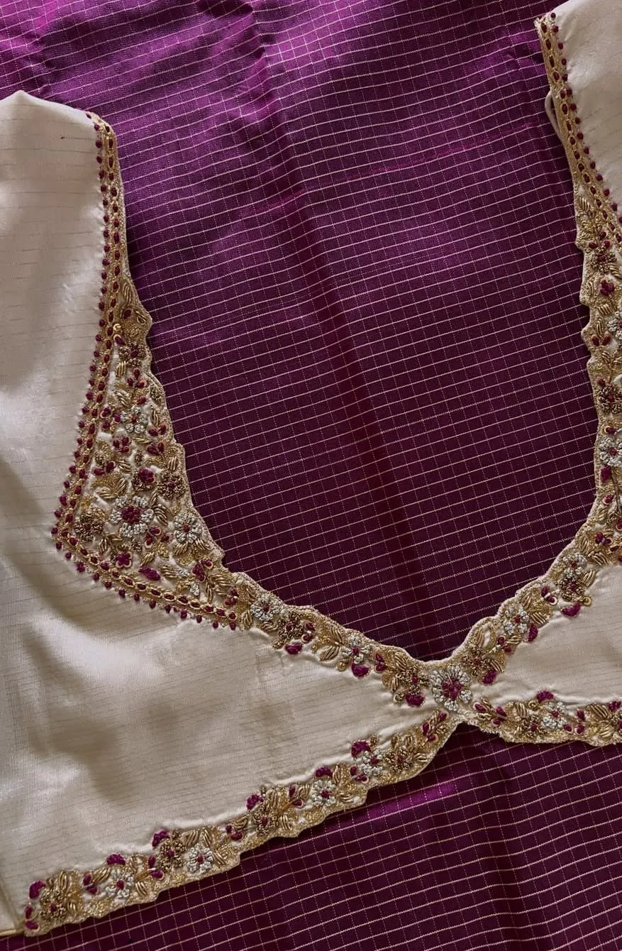 Cream Silk Hand-Embroidered Blouse with Maroon Zardosi Work – Bridal Ethnic Wear