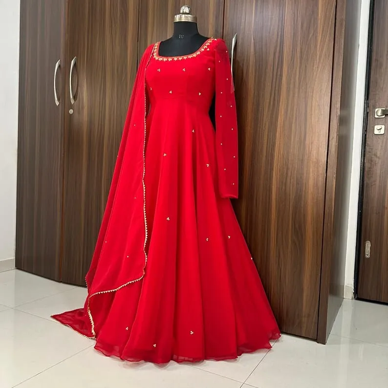 Crimson Red Embroidered Georgette Anarkali Gown with Dupatta