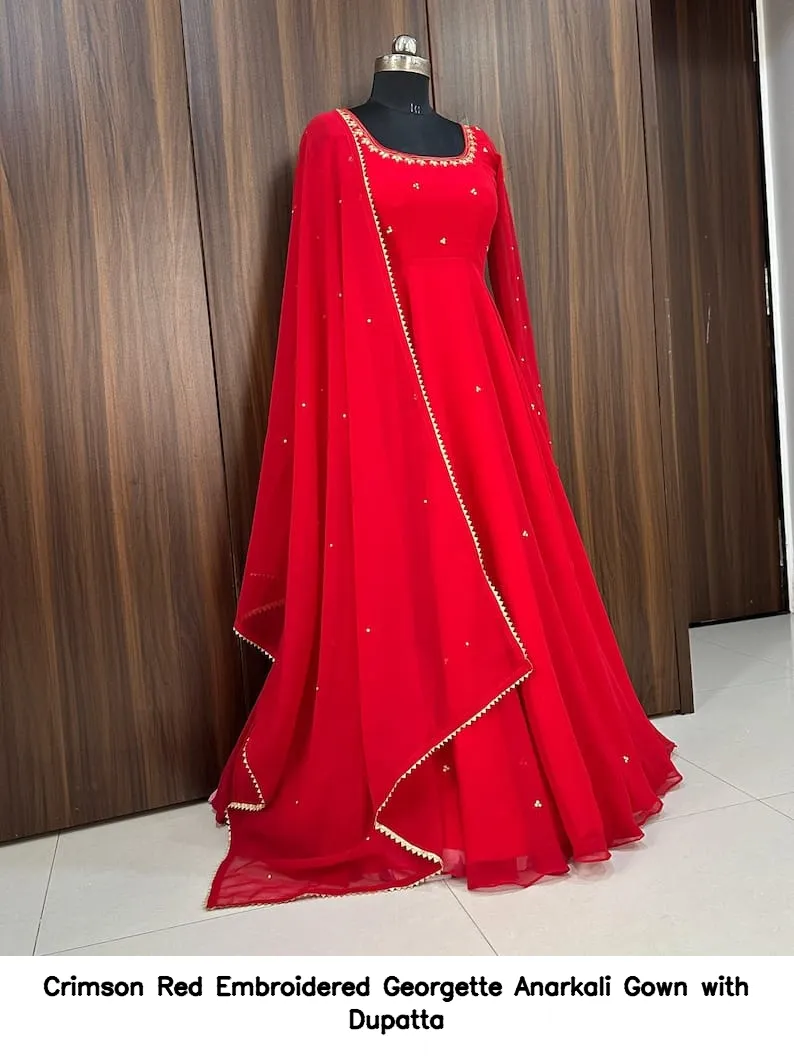 Crimson Red Embroidered Georgette Anarkali Gown with Dupatta 2