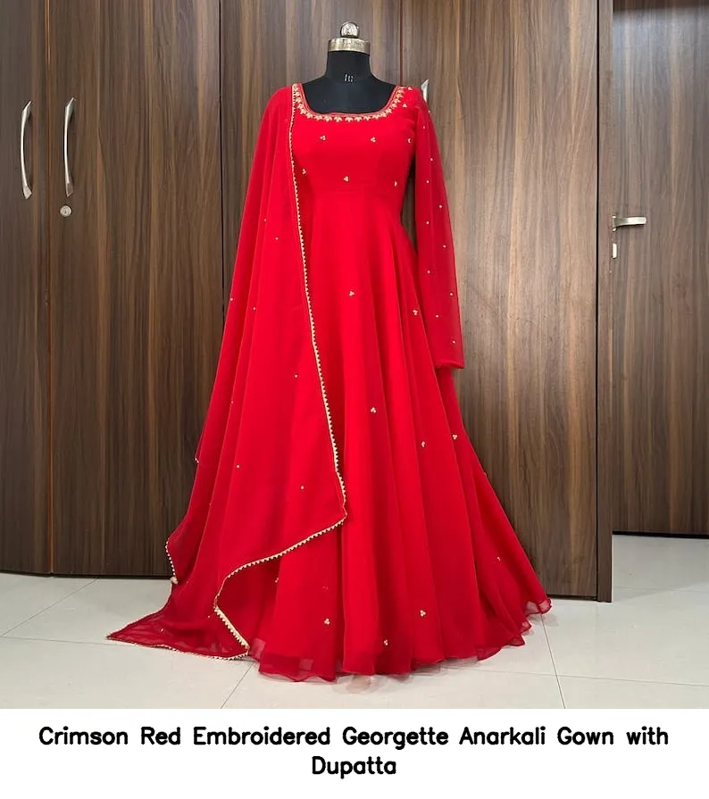 Crimson Red Embroidered Georgette Anarkali Gown with Dupatta 3