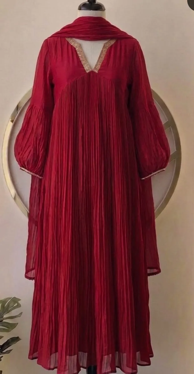 Crimson Red Pleated Georgette Anarkali Suit - Gold Embroidered V-Neck Balloon Sleeve Long Frock