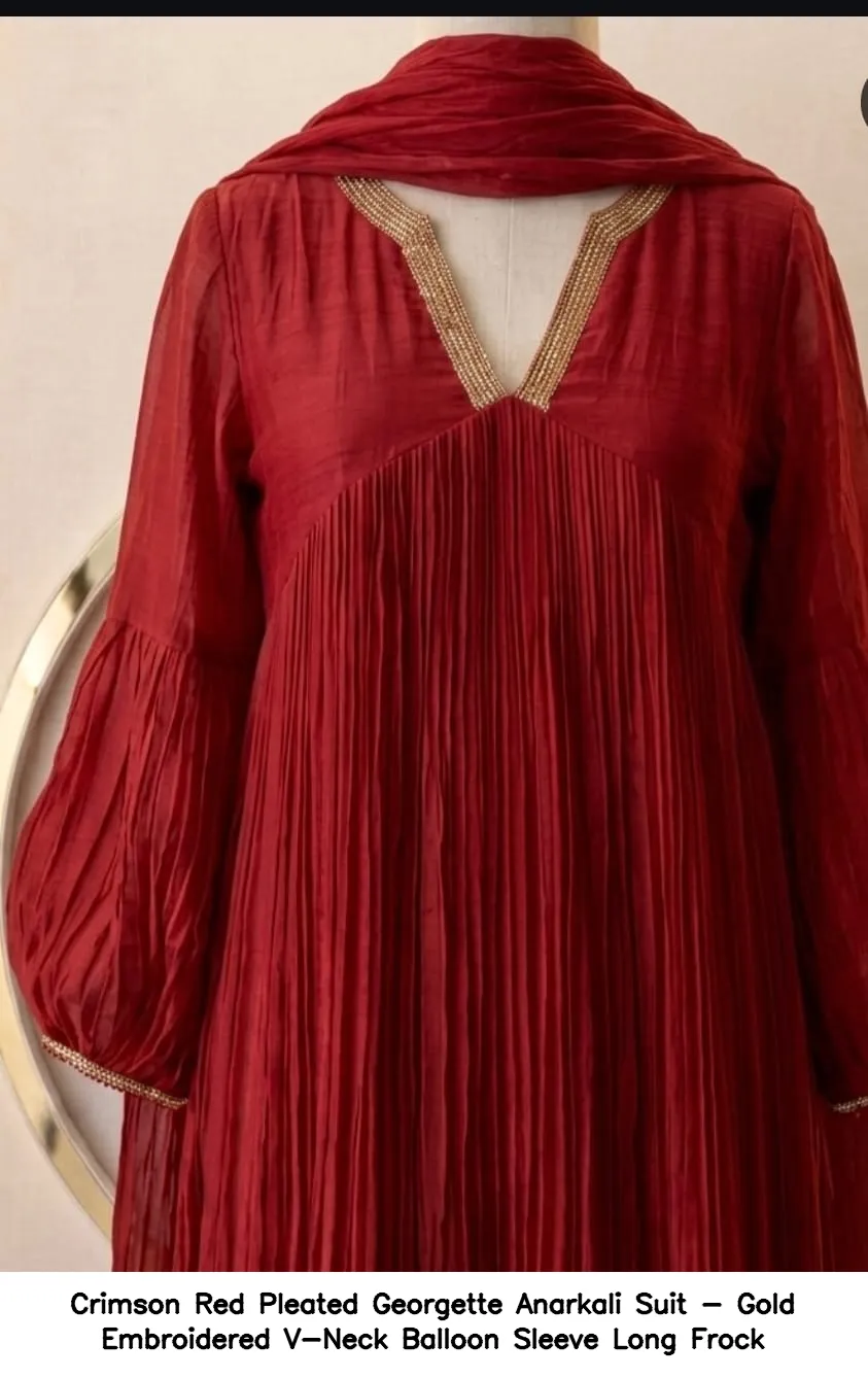 Crimson Red Pleated Georgette Anarkali Suit - Gold Embroidered V-Neck Balloon Sleeve Long Frock 2