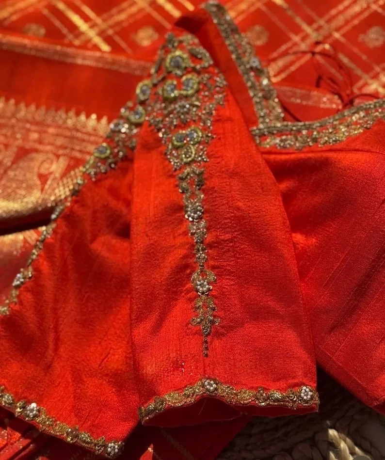 Crimson Red Raw Silk Bridal Blouse with Antique Gold Zardozi | Pearl Embroidered Saree Blouse