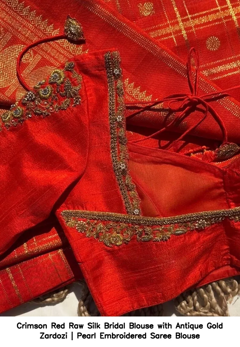 Crimson Red Raw Silk Bridal Blouse with Antique Gold Zardozi | Pearl Embroidered Saree Blouse 4
