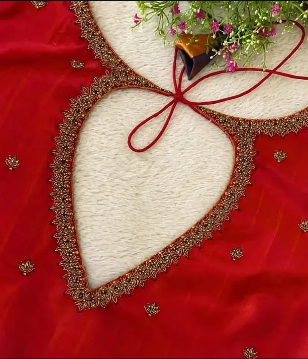 Crimson Red Silk Blouse with Heart Back Cut-Out & Gold Floral Zardosi Embroidery