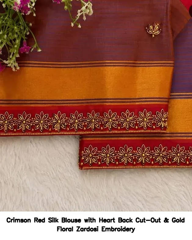 Crimson Red Silk Blouse with Heart Back Cut-Out & Gold Floral Zardosi Embroidery 2