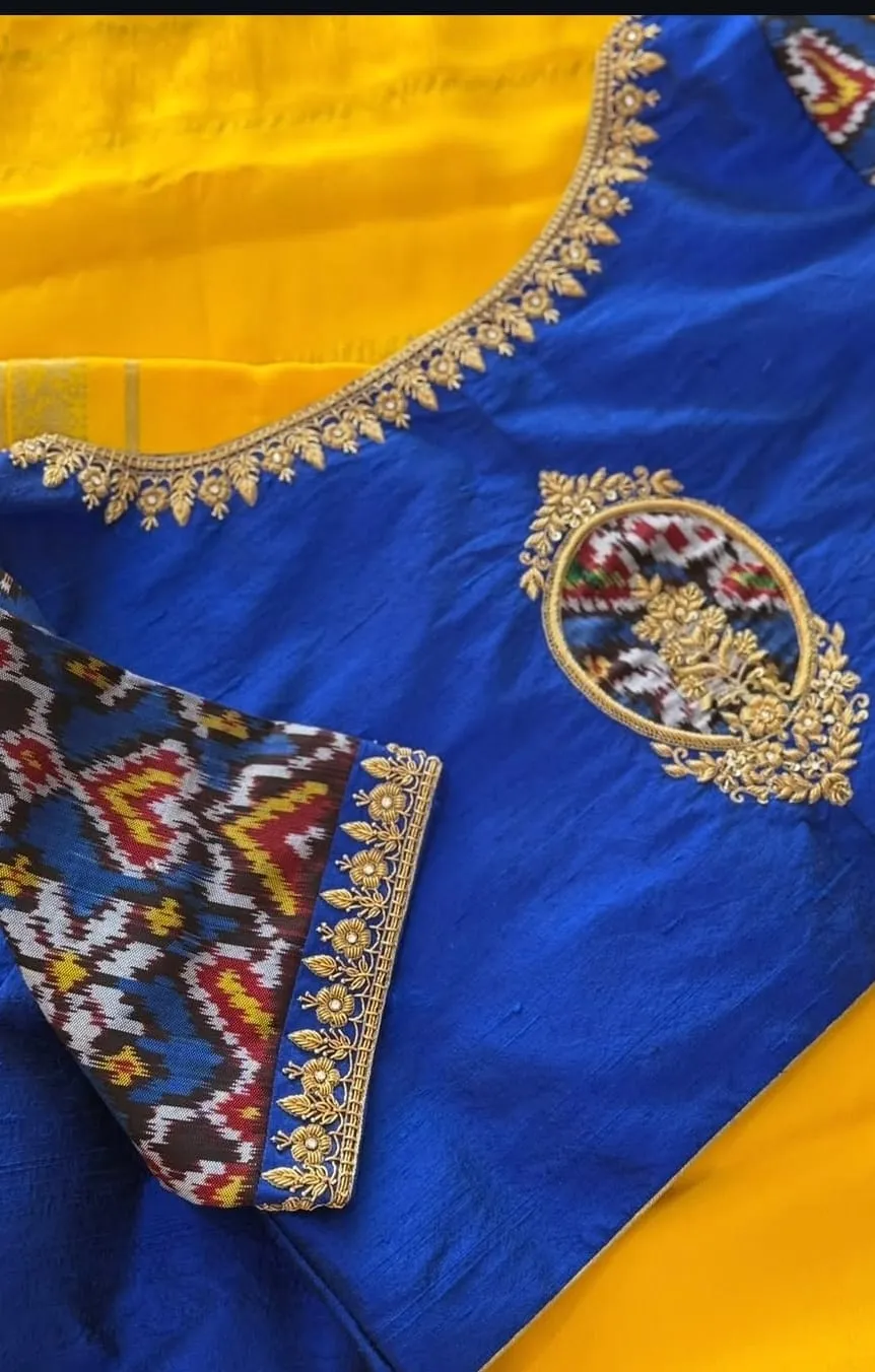 Custom Aari Work Silk Blouse – Traditional Ikat Patch Design for Festive & Wedding Wear