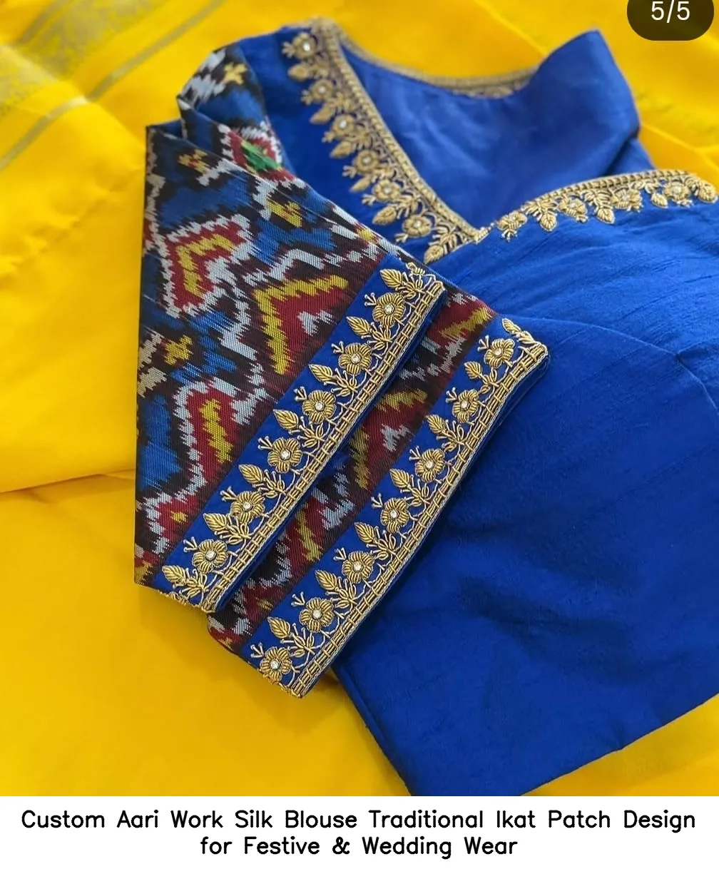 Custom Aari Work Silk Blouse – Traditional Ikat Patch Design for Festive & Wedding Wear 2