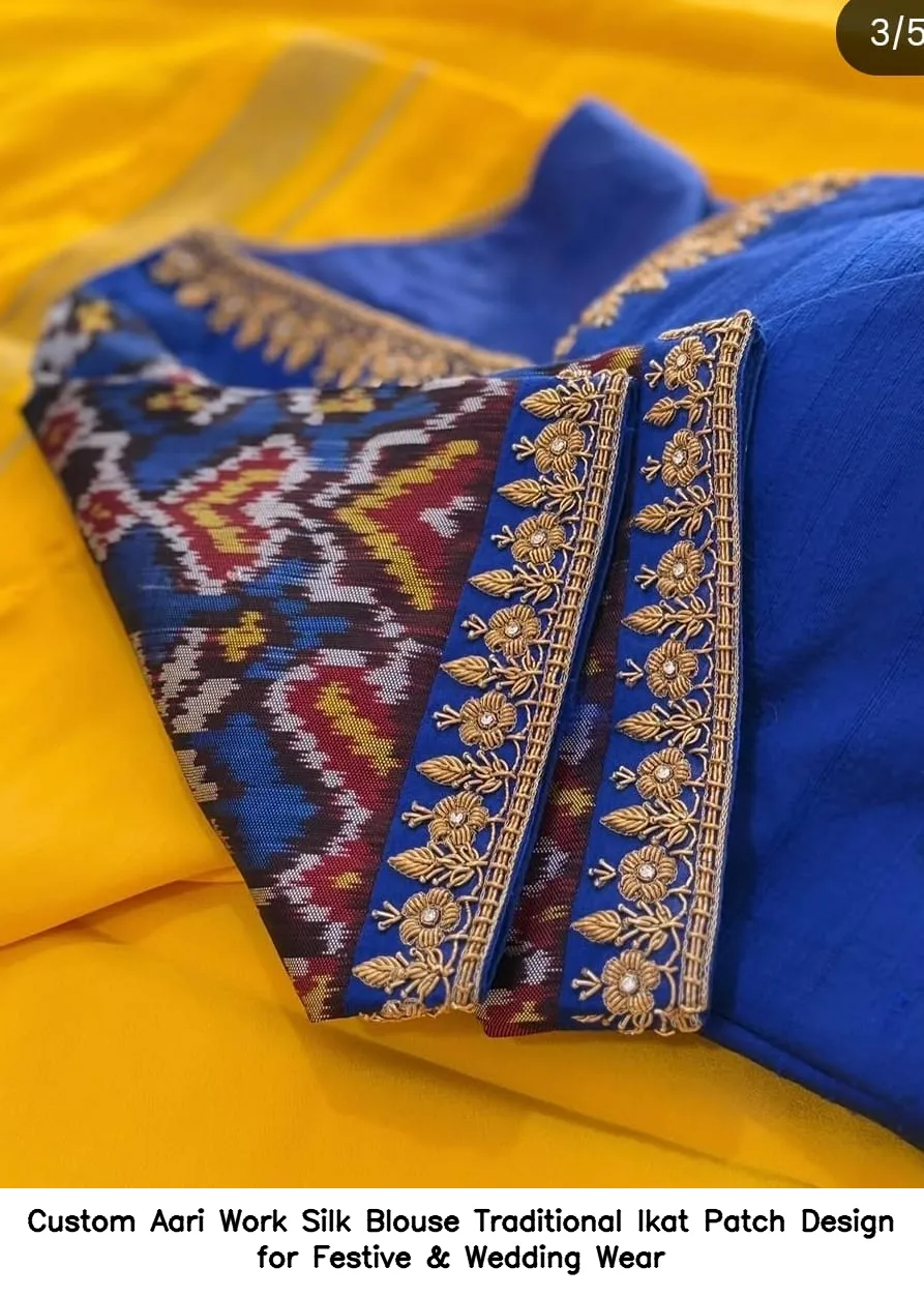 Custom Aari Work Silk Blouse – Traditional Ikat Patch Design for Festive & Wedding Wear 3