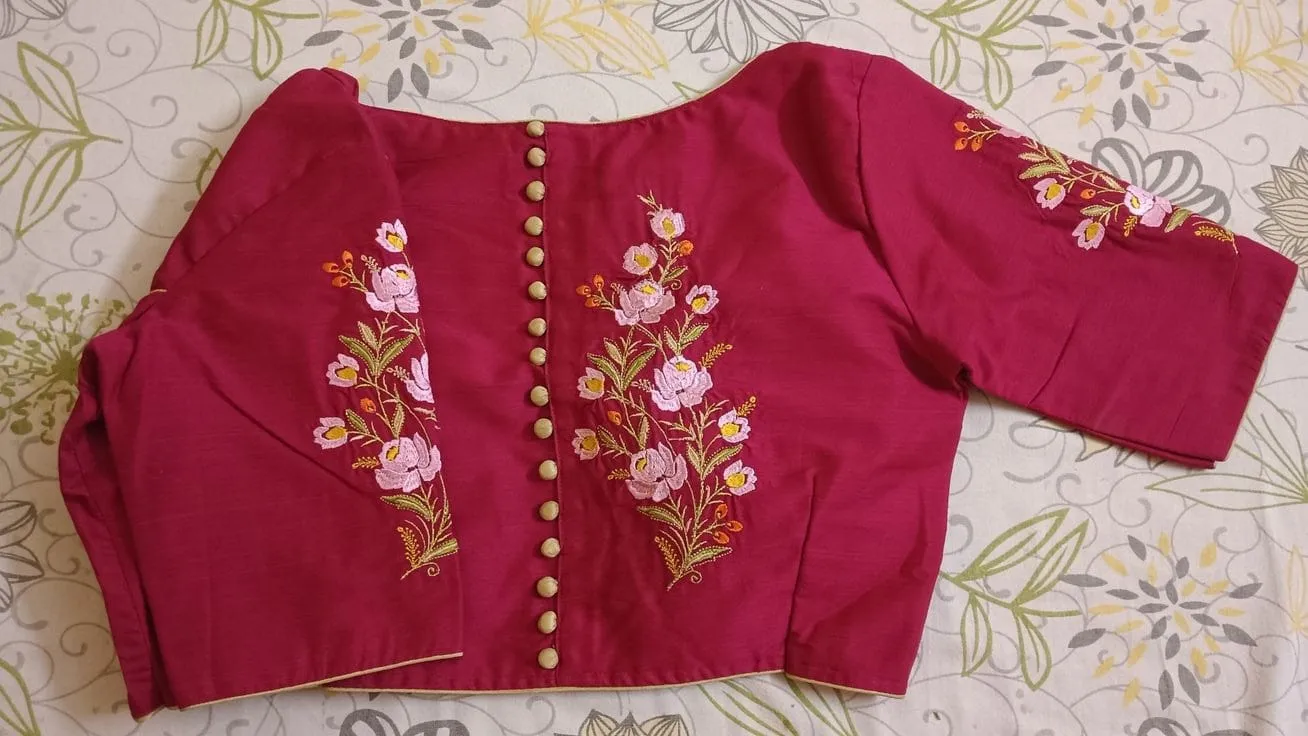 Custom Computer Machine Embroidery Blouse Design with Back Button Detailing