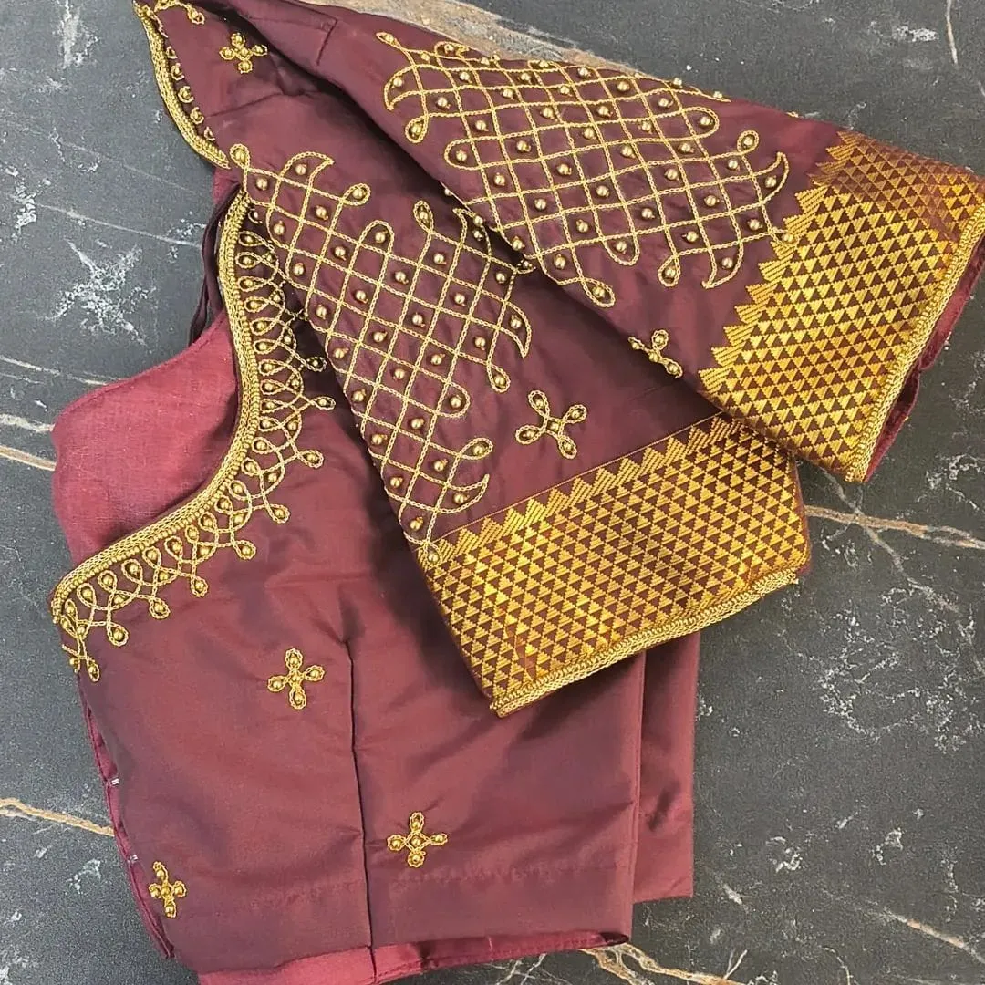Custom Made Silk Ethnic Blouse with Sophisticated Gold Thread Hand Embroidery