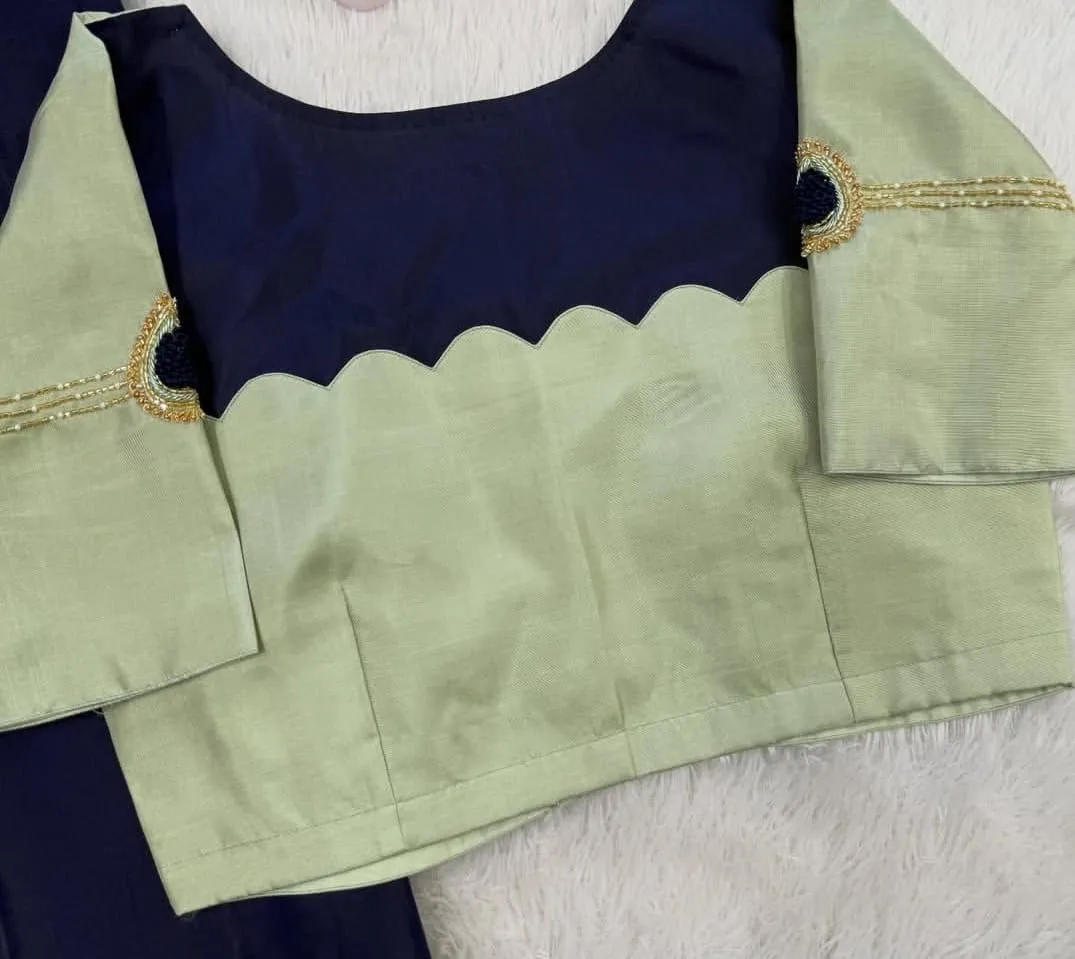 Custom Navy Blue & Sage Green Scallop Border Saree Blouse | Designer Aari Handwork