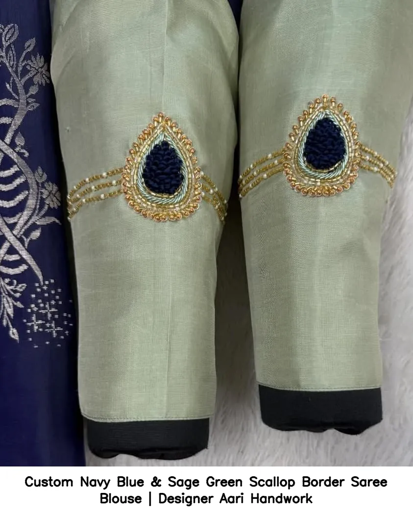 Custom Navy Blue & Sage Green Scallop Border Saree Blouse | Designer Aari Handwork 2