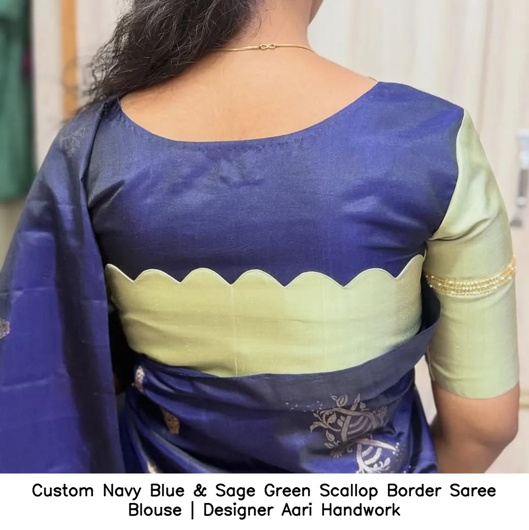 Custom Navy Blue & Sage Green Scallop Border Saree Blouse | Designer Aari Handwork 3