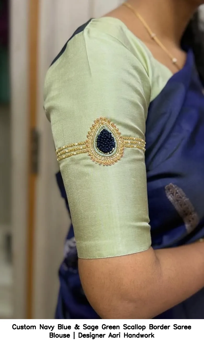 Custom Navy Blue & Sage Green Scallop Border Saree Blouse | Designer Aari Handwork 4