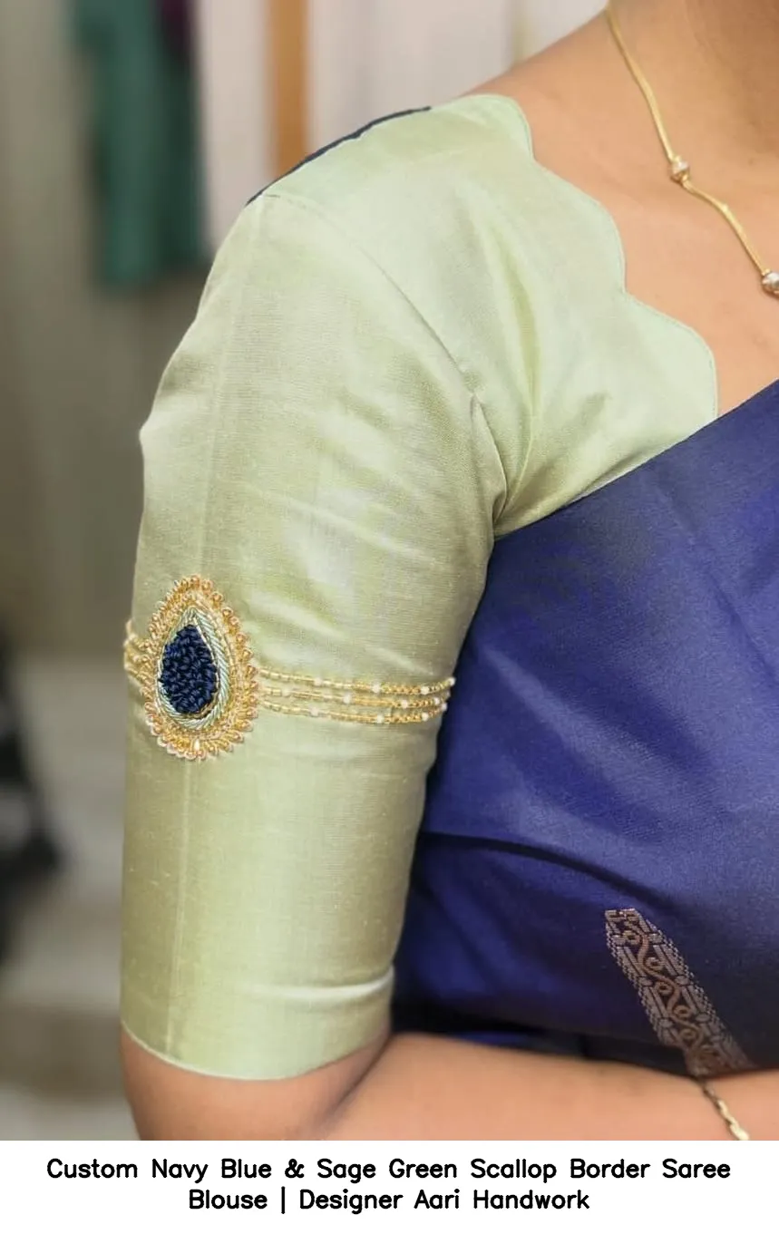 Custom Navy Blue & Sage Green Scallop Border Saree Blouse | Designer Aari Handwork 5