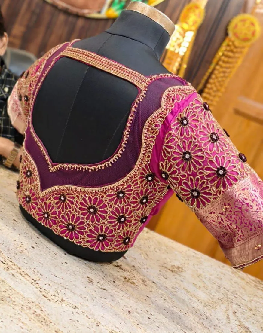 Custom Purple Silk Blouse with Heavy Hand-Embroidery | Exclusive Aari Embroidery Design for Sarees