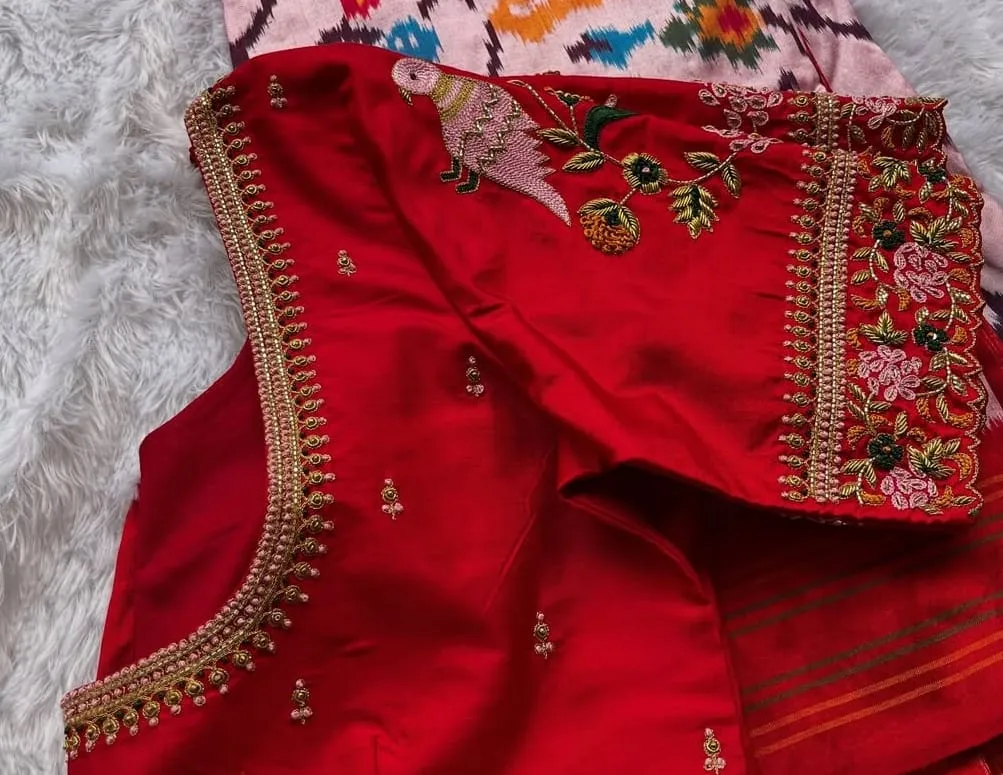 Custom Red Silk Blouse with Intricate Peacock and Floral Aari Work | Elegant Hand-Stitched Ethnic Blouse 1