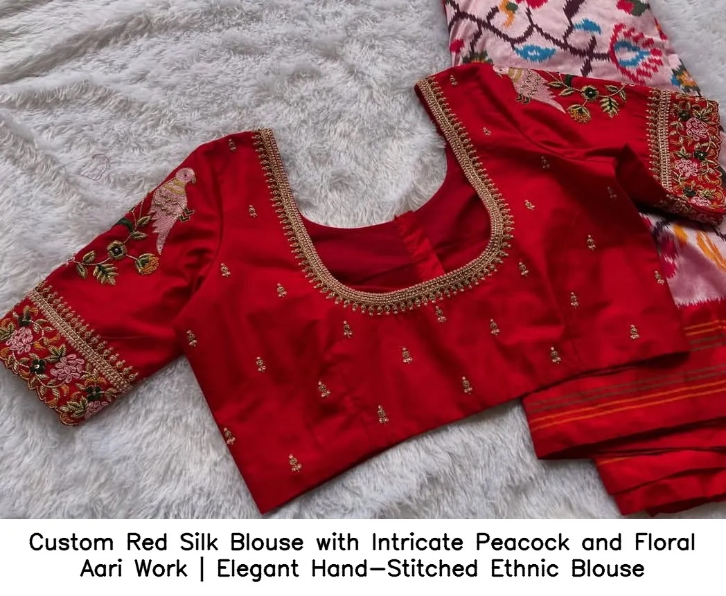 Custom Red Silk Blouse with Intricate Peacock and Floral Aari Work | Elegant Hand-Stitched Ethnic Blouse 2