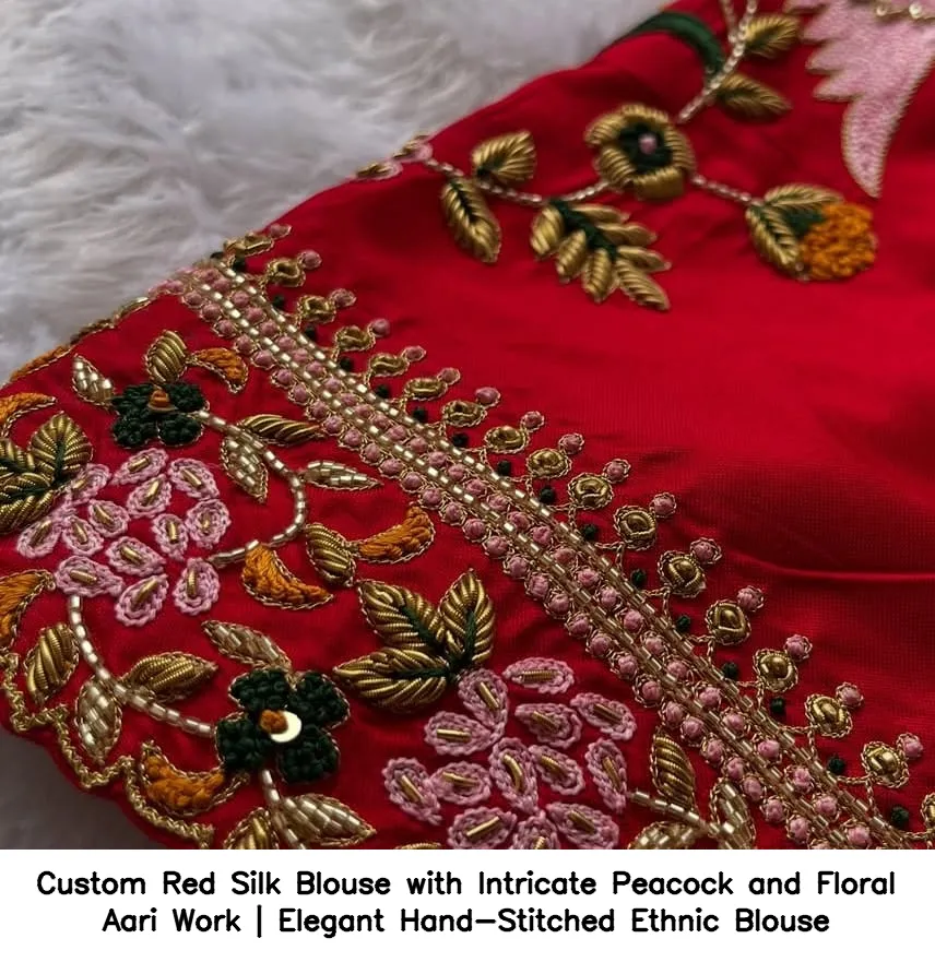 Custom Red Silk Blouse with Intricate Peacock and Floral Aari Work | Elegant Hand-Stitched Ethnic Blouse 3