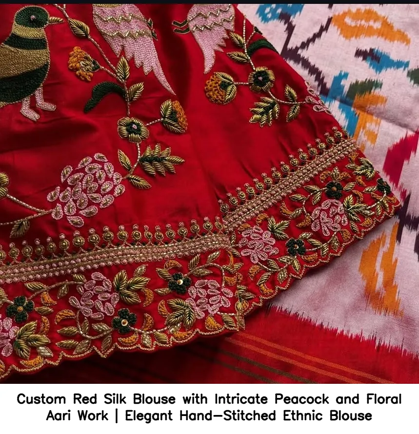 Custom Red Silk Blouse with Intricate Peacock and Floral Aari Work | Elegant Hand-Stitched Ethnic Blouse 4
