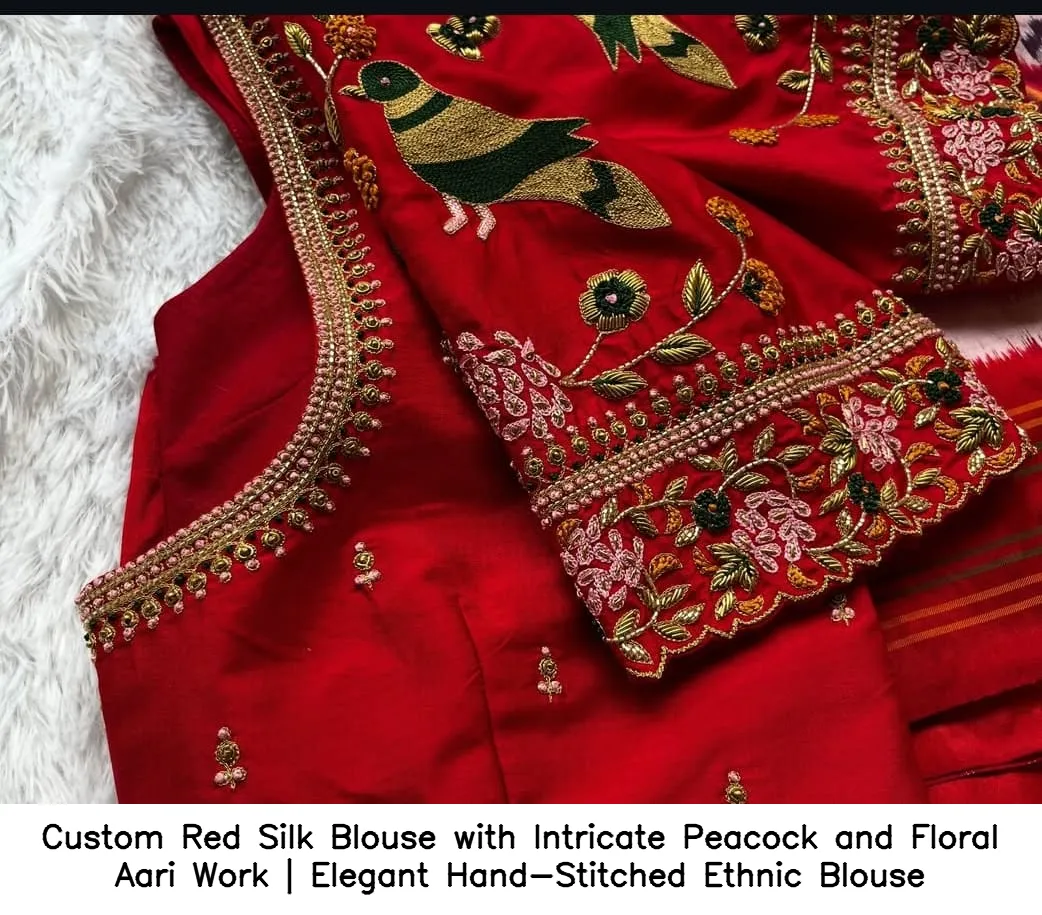 Custom Red Silk Blouse with Intricate Peacock and Floral Aari Work | Elegant Hand-Stitched Ethnic Blouse 5