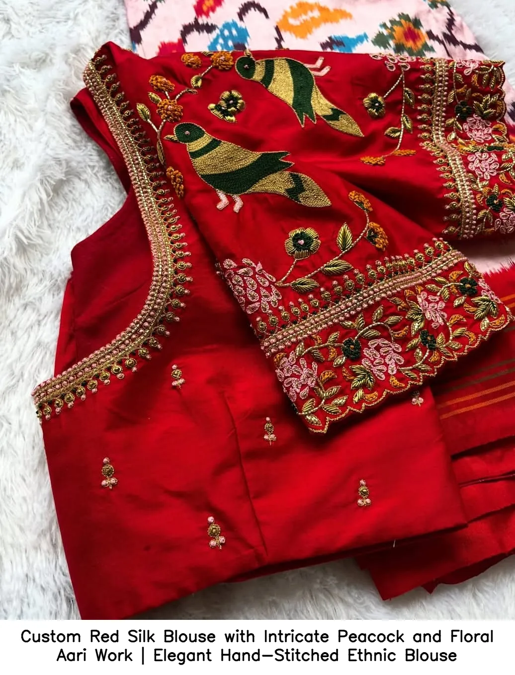 Custom Red Silk Blouse with Intricate Peacock and Floral Aari Work | Elegant Hand-Stitched Ethnic Blouse 6