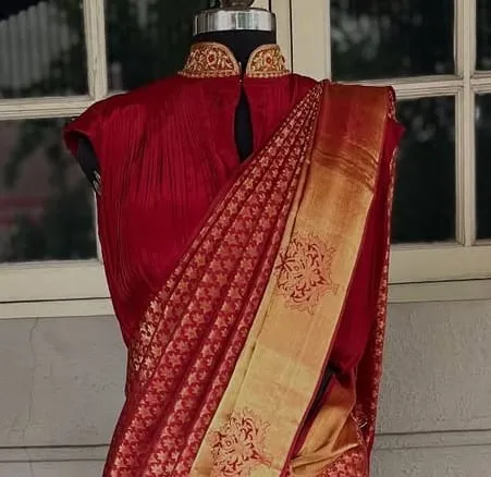 Custom-Stitched Designer Pleated Blouse | Heavy Zardosi Neckline Work