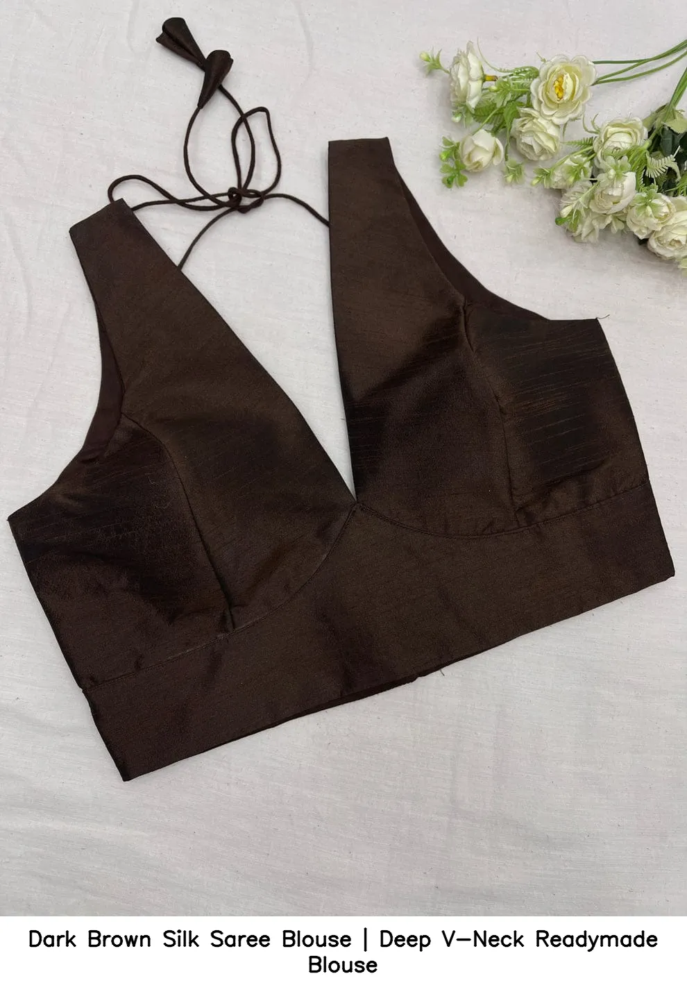 Dark Brown Silk Saree Blouse | Deep V-Neck Readymade Blouse 2
