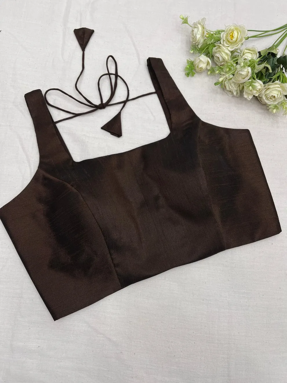 Dark Brown Silk Saree Blouse | Sleeveless Square Neck Readymade Blouse 1