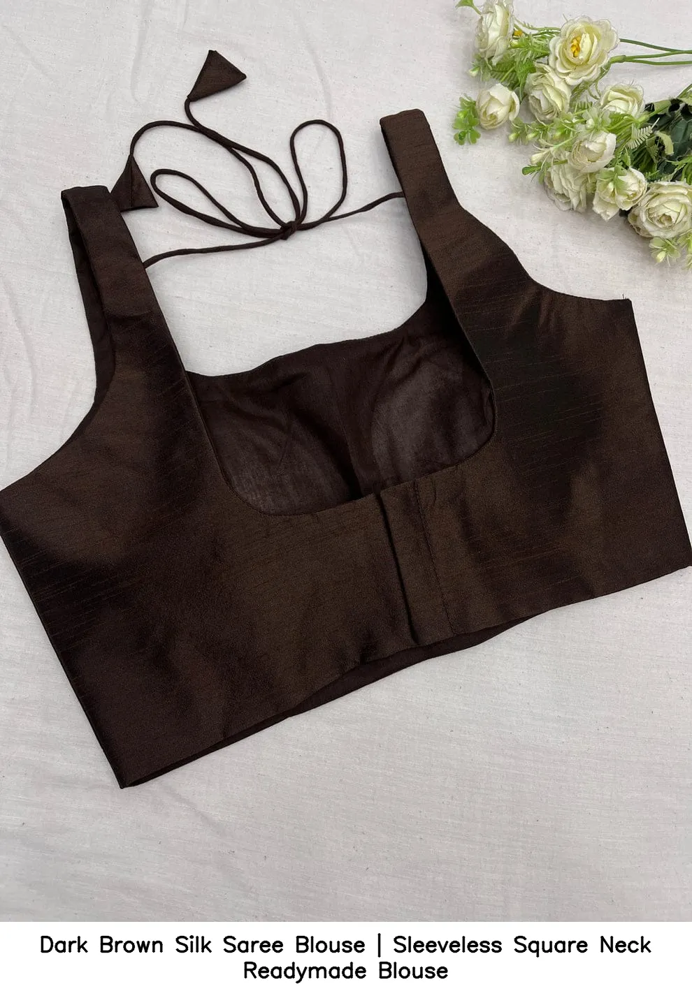 Dark Brown Silk Saree Blouse | Sleeveless Square Neck Readymade Blouse 2