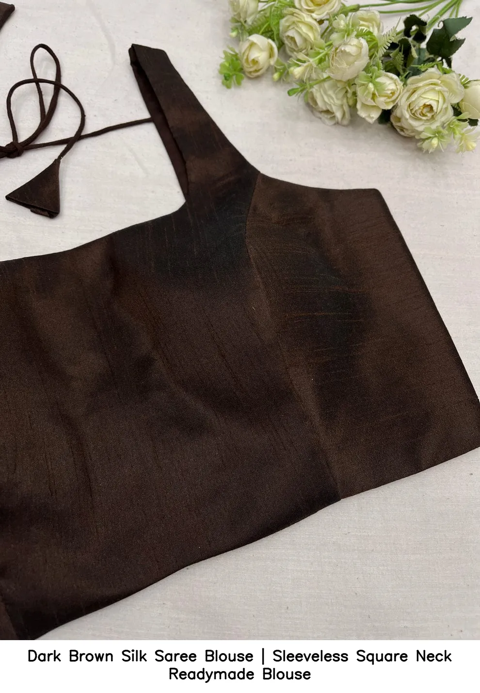 Dark Brown Silk Saree Blouse | Sleeveless Square Neck Readymade Blouse 3