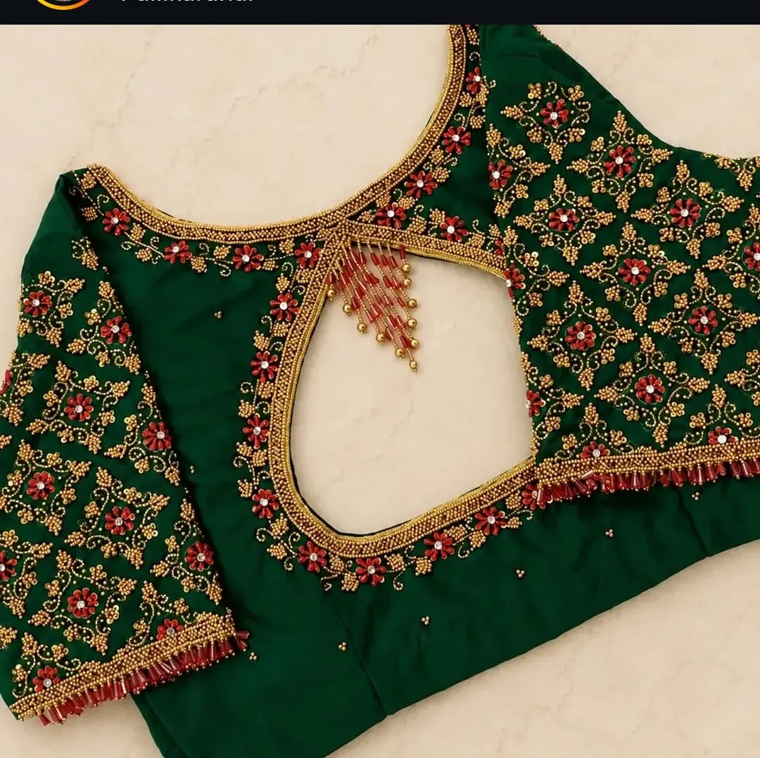 Dark Green Bridal Aari Work Blouse with Hanging Beads | Custom Jaal Embroidery Saree Top