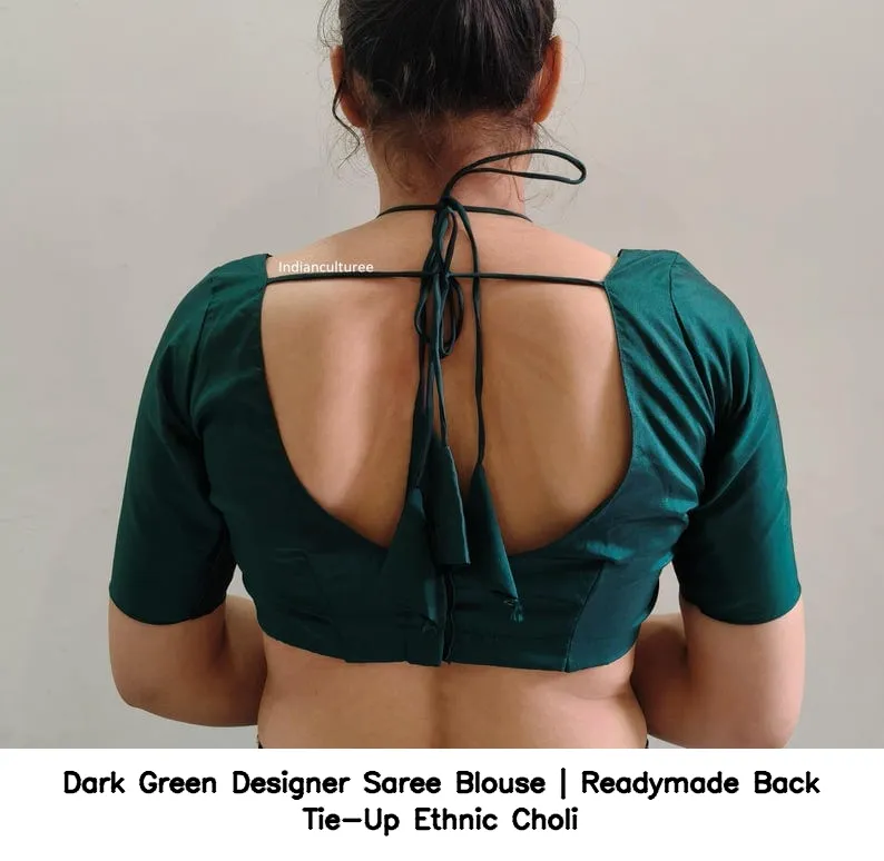 Dark Green Designer Saree Blouse | Readymade Back Tie-Up Ethnic Choli 2