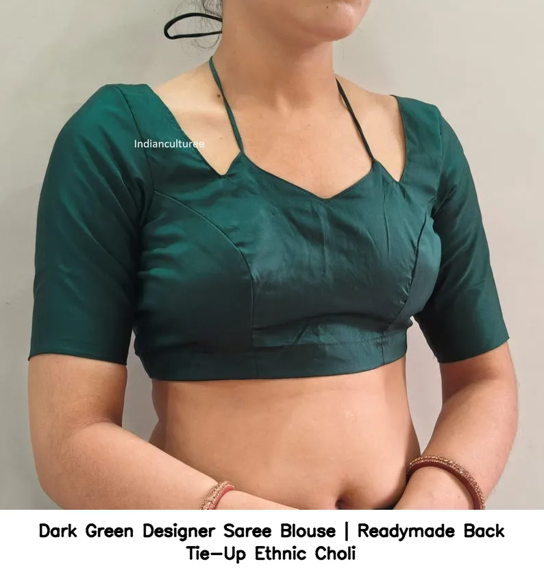 Dark Green Designer Saree Blouse | Readymade Back Tie-Up Ethnic Choli 3