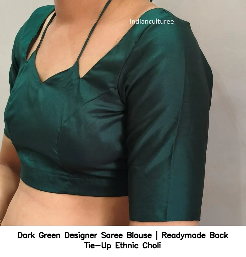 Dark Green Designer Saree Blouse | Readymade Back Tie-Up Ethnic Choli 4