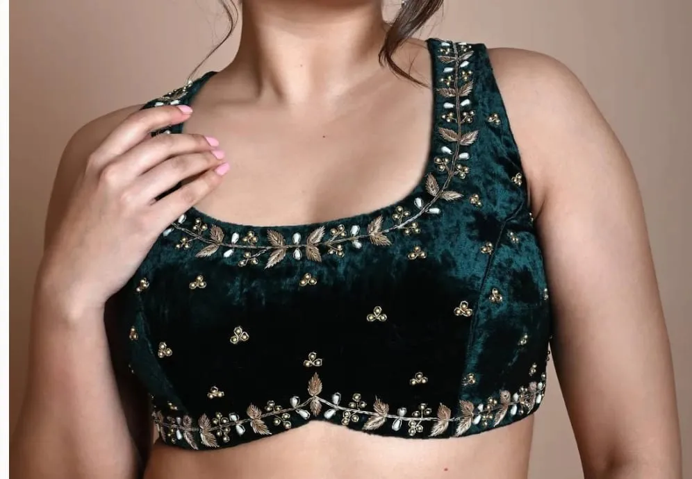 Dark Green Velvet Backless Blouse – Hand Embroidered Sleeveless Lehenga Crop Top 1