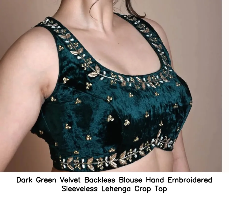 Dark Green Velvet Backless Blouse – Hand Embroidered Sleeveless Lehenga Crop Top 3