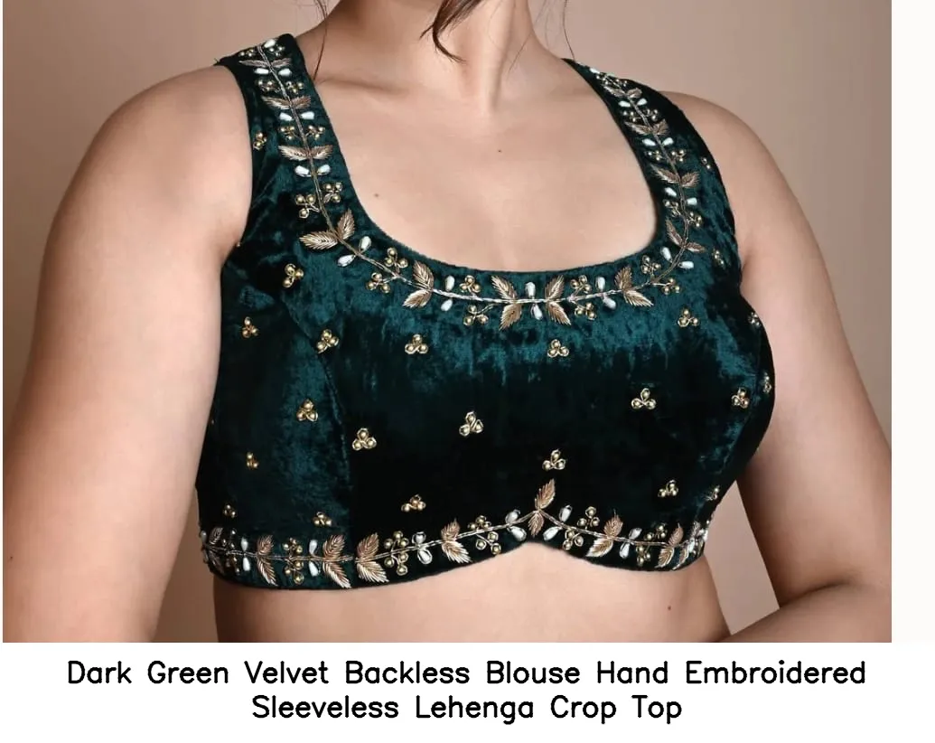 Dark Green Velvet Backless Blouse – Hand Embroidered Sleeveless Lehenga Crop Top 4