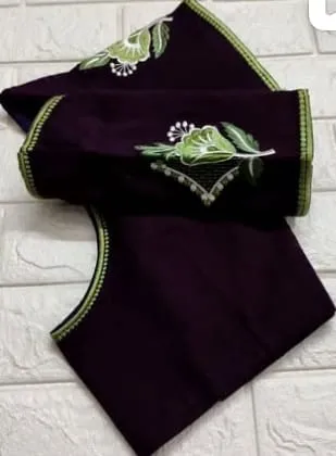 Dark Purple Raw Silk Blouse with Contrast Floral Sleeves | Designer Party Wear & Festive Saree Blouse
