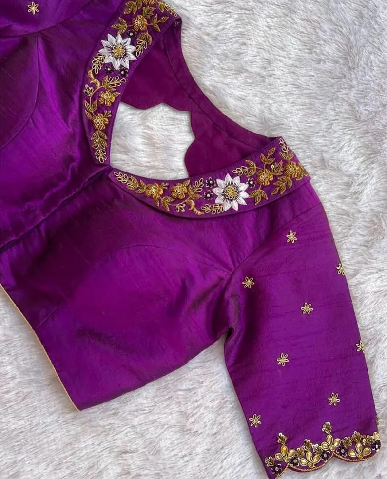 Dark Violet Silk Saree Blouse with Gold Zardozi Lotus Work | Designer Scallop Cutout Back Blouse