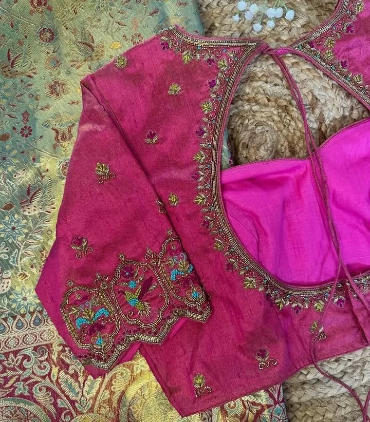 Deep Pink Silk Aari Work Blouse | Bird Arch Motif Scalloped Sleeve Blouse for Mint Green Saree | Bridal Maggam Blouse | Dori Back Neck 1