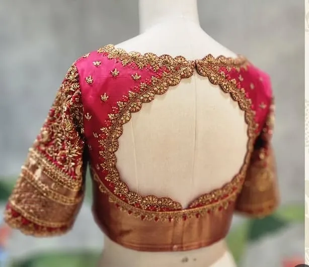 Deep Pink Silk Bridal Blouse with Heavy Peacock Maggam Sleeves & Scallop Cutout Back | Designer Saree Blouse