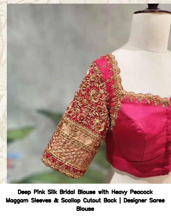 Deep Pink Silk Bridal Blouse with Heavy Peacock Maggam Sleeves & Scallop Cutout Back | Designer Saree Blouse 2