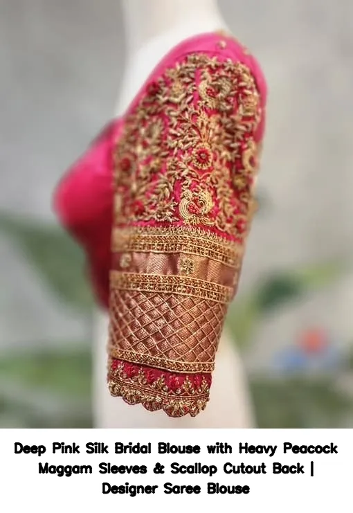 Deep Pink Silk Bridal Blouse with Heavy Peacock Maggam Sleeves & Scallop Cutout Back | Designer Saree Blouse 3