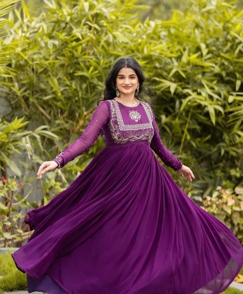 Deep Purple Georgette Anarkali Gown for Women | Full Sleeve Embroidered Long Frock | Indian Ethnic Party Wear Dress